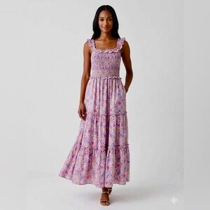 Anthropologie “Abel the Label” Purple Pink Floral Ruffle-Strap Maxi Dress
